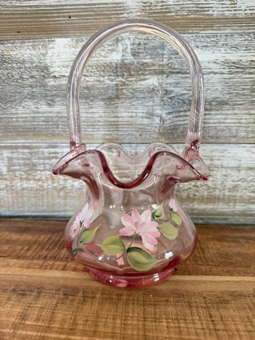 Fenton Cranberry Rose Pink Floral Hand Painted 8" Basket Signed D Robinson